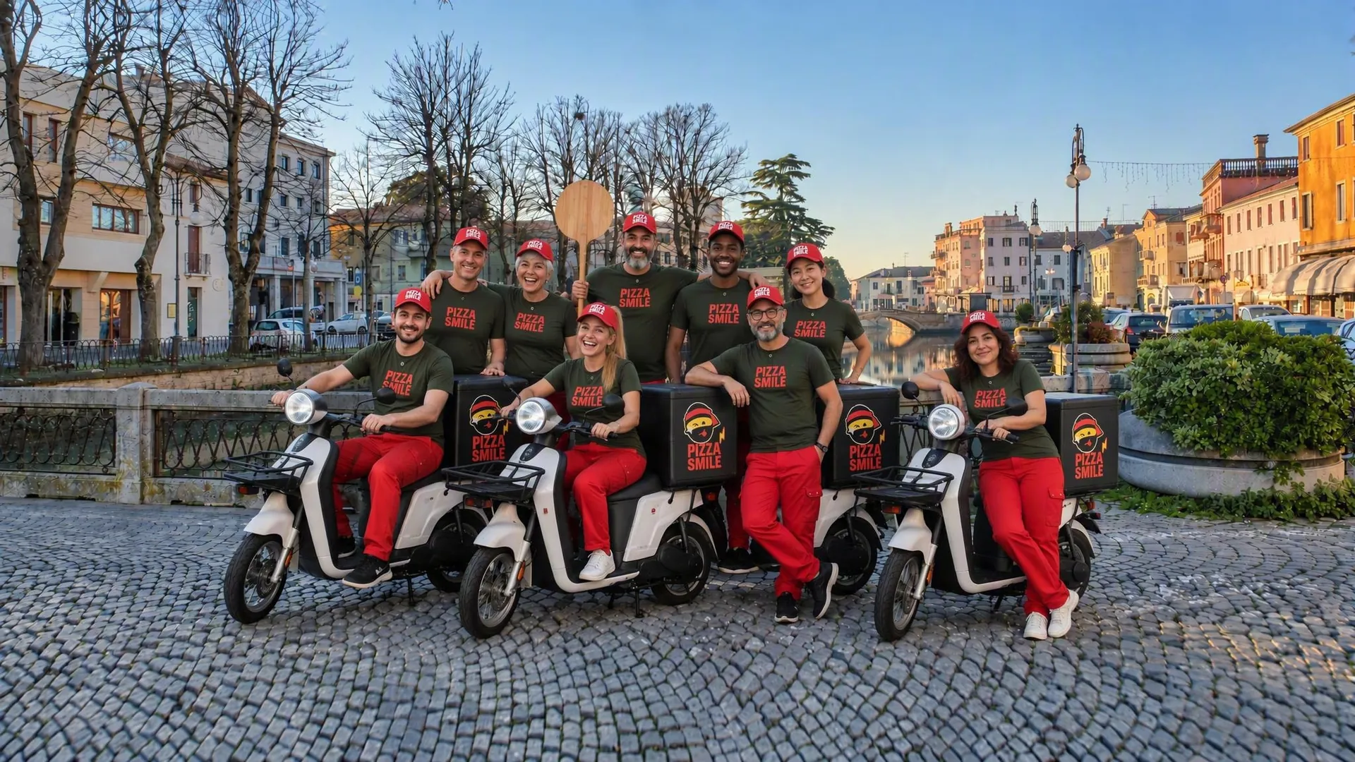 The Adria canal in the background with the Pizza Smile team in uniform, featuring a scooter and a pizza peel.