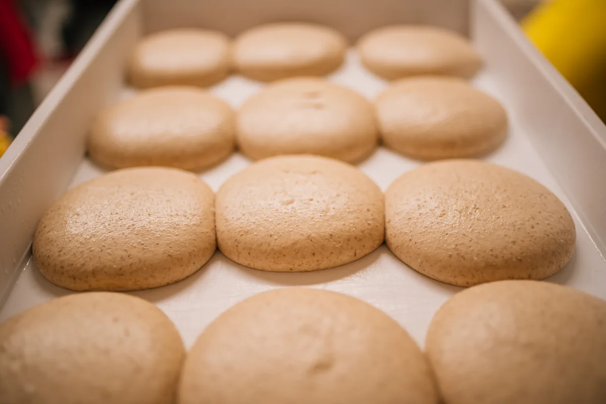 A baker's hands working the Polesanissimo® dough among proofed dough balls and flour in warm lighting.
