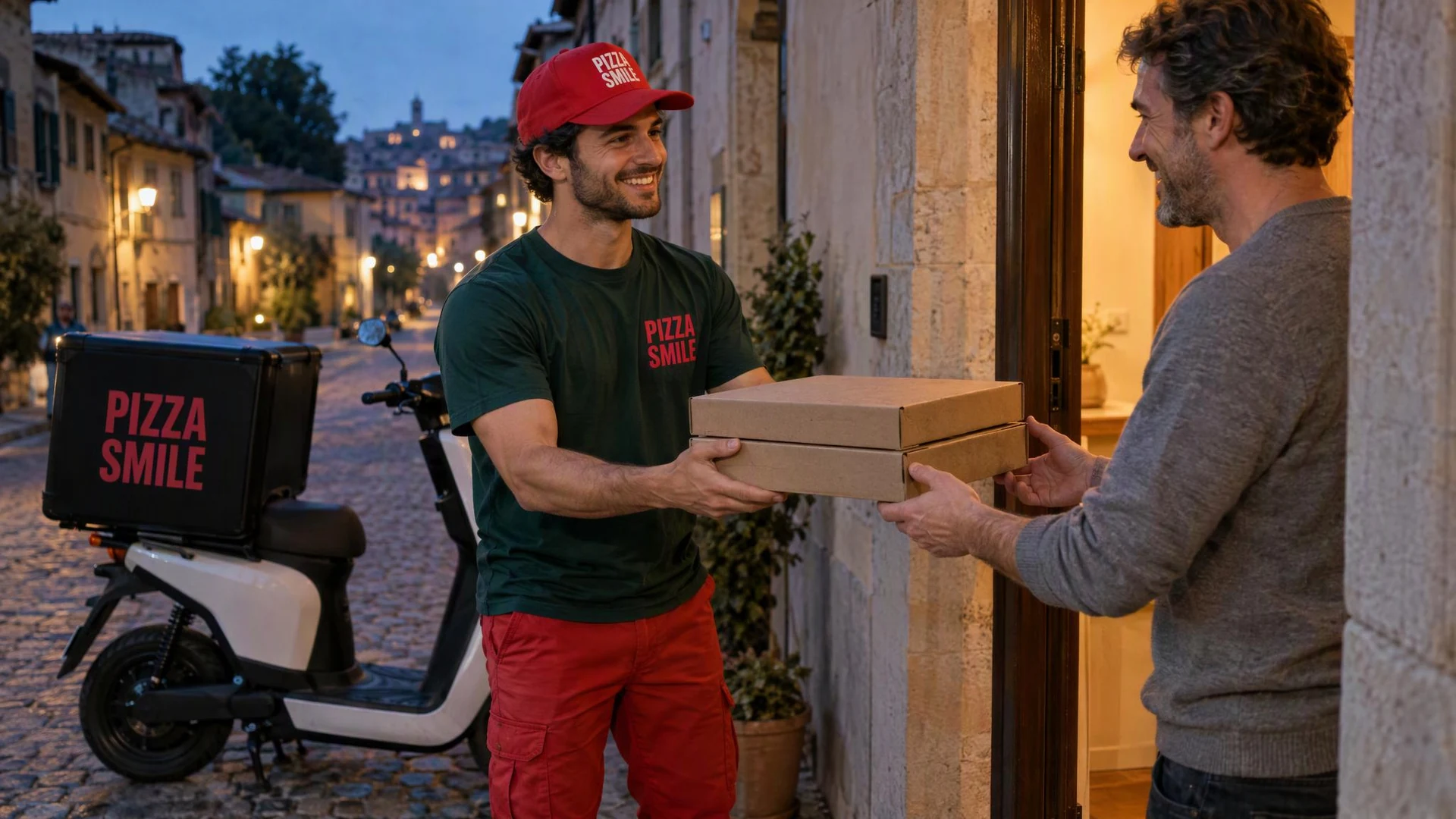 Un rider sorridente consegna due cartoni di pizza a un cliente sulla porta di casa, con lo scooter e il bauletto sullo sfondo.