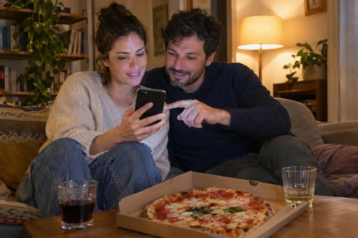Couple on the sofa in the evening: she holds the smartphone, he points at the screen with a smile; a margherita in an open box on the coffee table