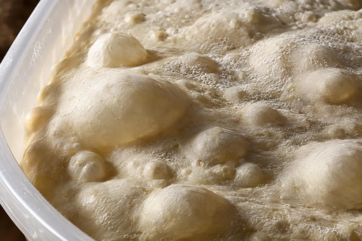 Close-up of pizza dough rising in its container: the surface is puffed up with air bubbles.