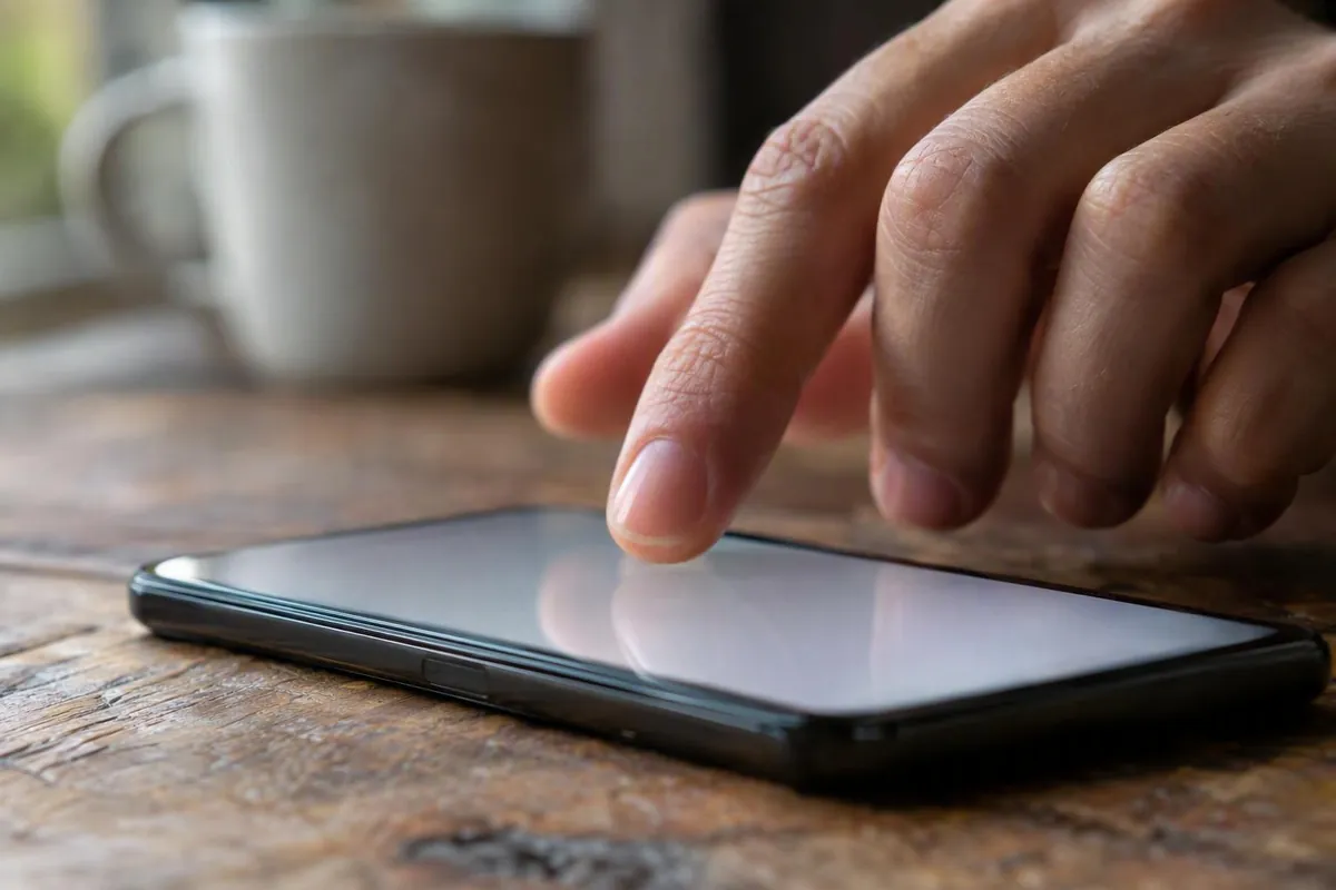 Fingers typing an address on a smartphone, on a wooden table next to a ceramic mug