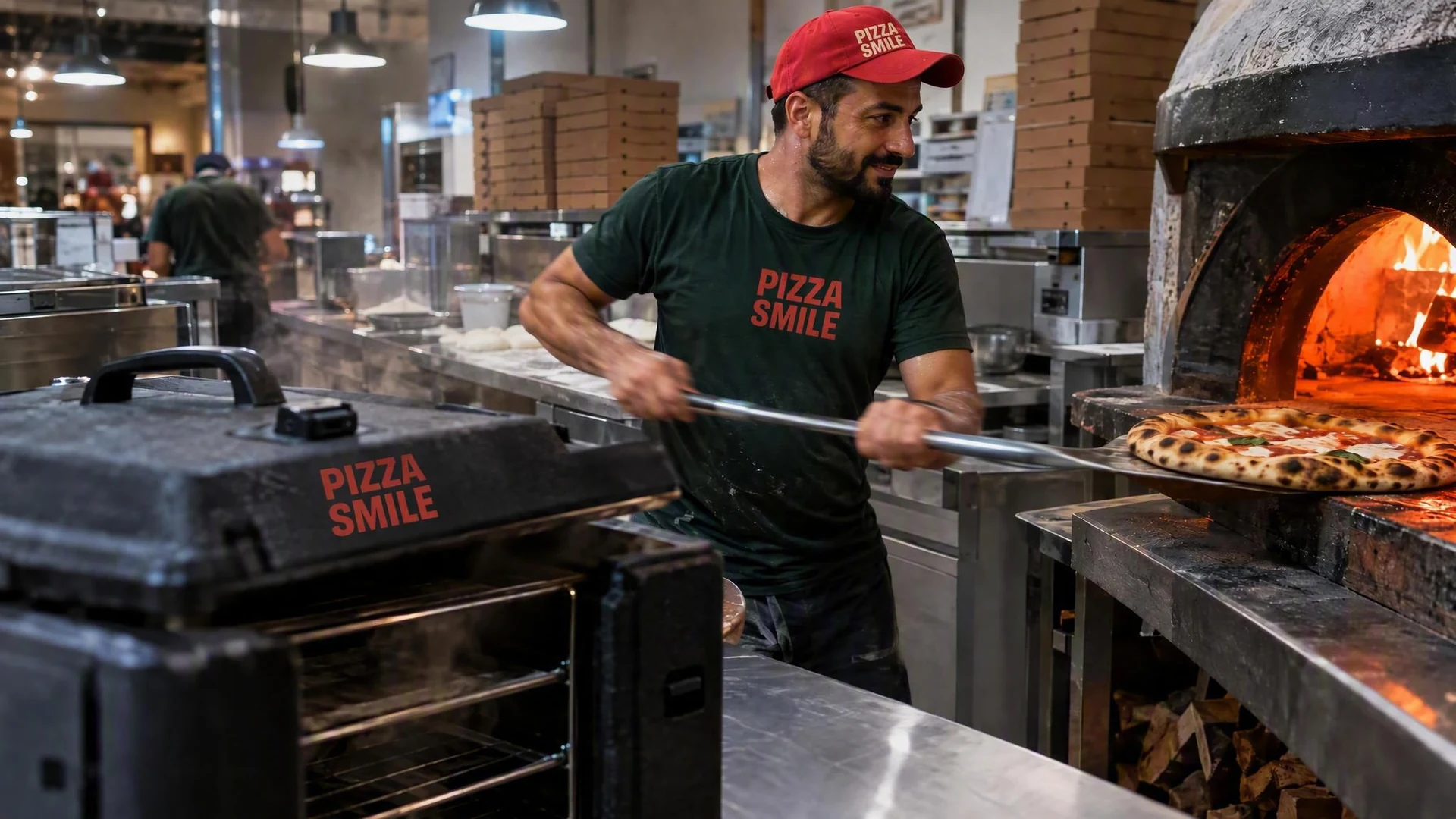 A pizza maker working in a busy kitchen with a delivery box in the foreground.