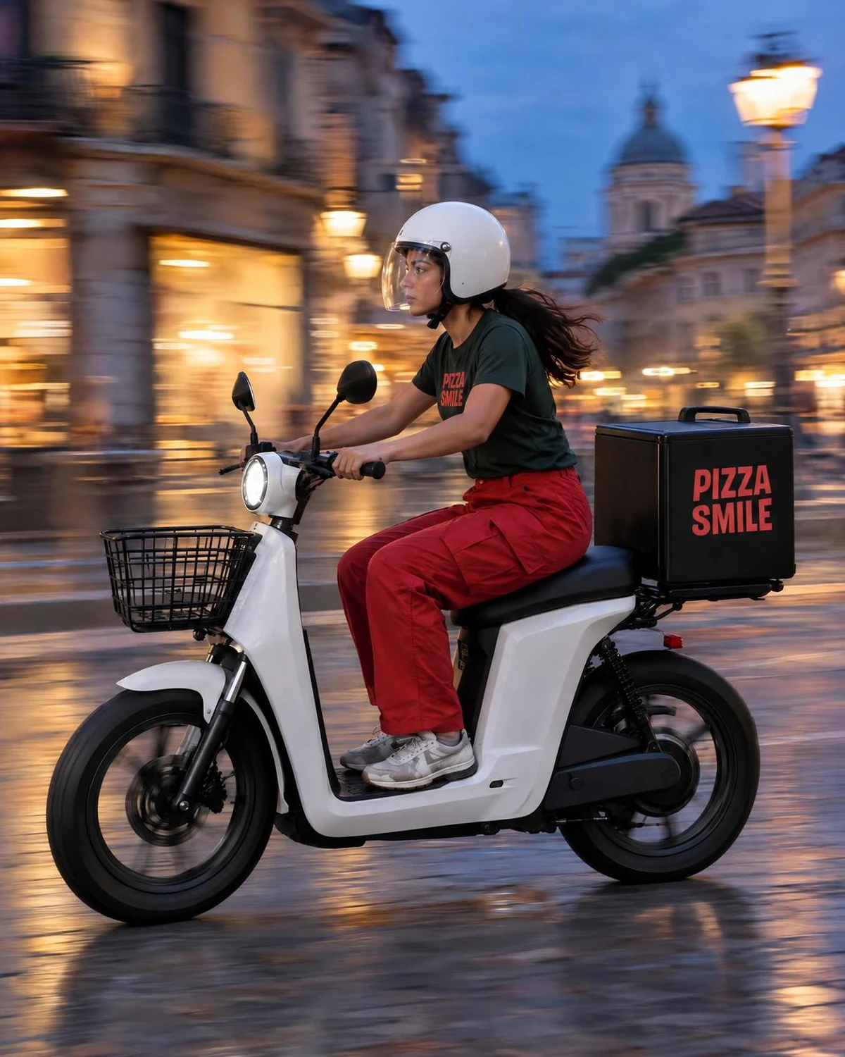 A rider moving on an electric scooter along a city street at dusk.