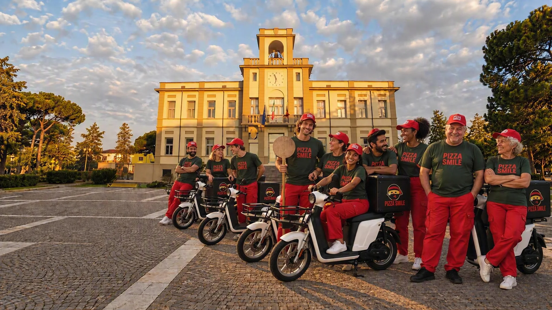 La piazza del municipio di Porto Viro con il team di Pizza Smile e gli scooter.